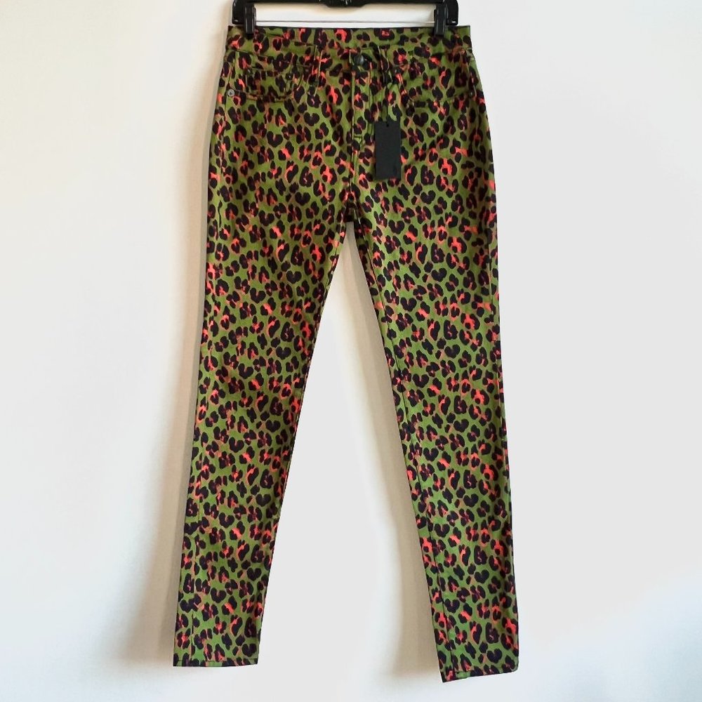 R13 x The Kills Alison Mosshart collab green orange leopard print high rise jean